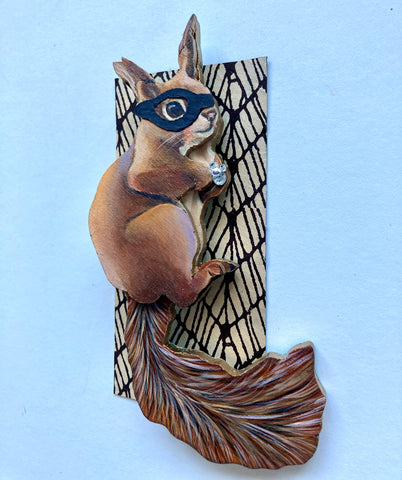 SNEAKY SQUIRRELS STEALING STONES brooch by artist Sarah Polzin