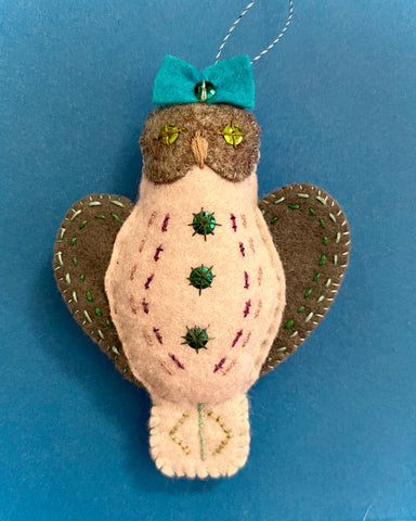 OWL ORNAMENT (turquoise bow) by artist Ulla Anobile