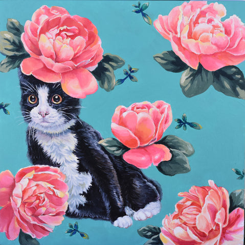 CAT CAMOUFLAGED BY FLORAL WALLPAPER by artist Lydia Moon Hee Kim