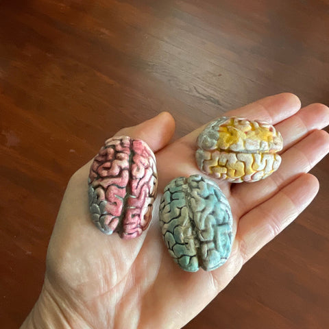 BLUE, RED AND YELLOW BRAIN BROOCHES by artist Francesca Loi of Little Swimmin Machine
