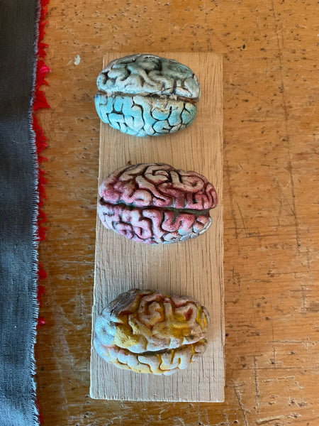 BLUE, RED AND YELLOW BRAIN BROOCHES by artist Francesca Loi of Little Swimmin Machine