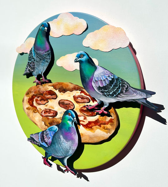 PUDGEY PIGEONS PECKING PIZZA  by artist Sarah Polzin