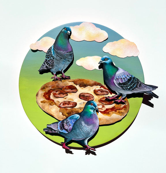 PUDGEY PIGEONS PECKING PIZZA  by artist Sarah Polzin