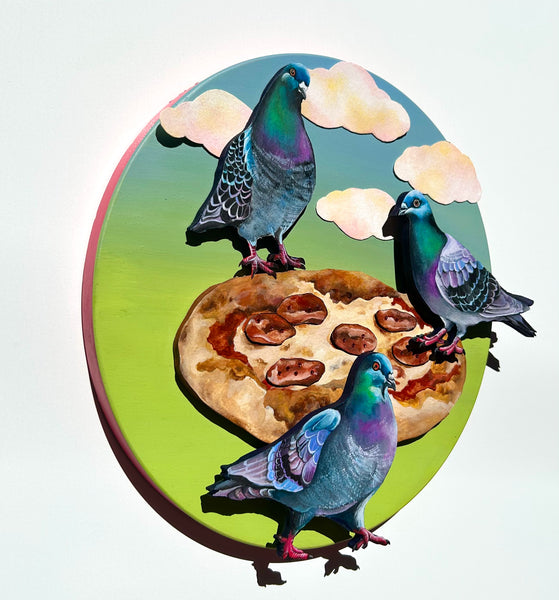 PUDGEY PIGEONS PECKING PIZZA  by artist Sarah Polzin