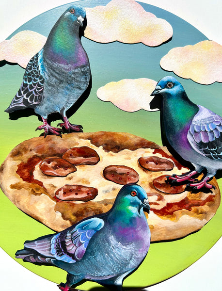 PUDGEY PIGEONS PECKING PIZZA  by artist Sarah Polzin