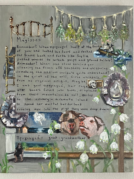 MÁGISSES (Witches) diptych by artists Athanasia Nancy Koutsouflakis (painting) and Angeliki Cintron (poem)