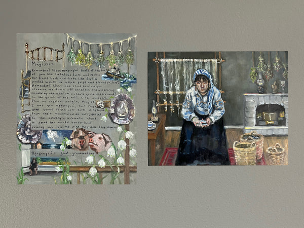 MÁGISSES (Witches) diptych by artists Athanasia Nancy Koutsouflakis (painting) and Angeliki Cintron (poem)