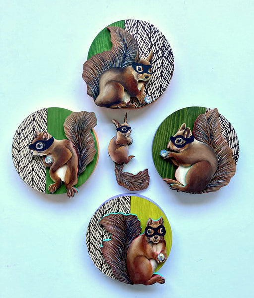 SNEAKY SQUIRRELS STEALING STONES brooch by artist Sarah Polzin