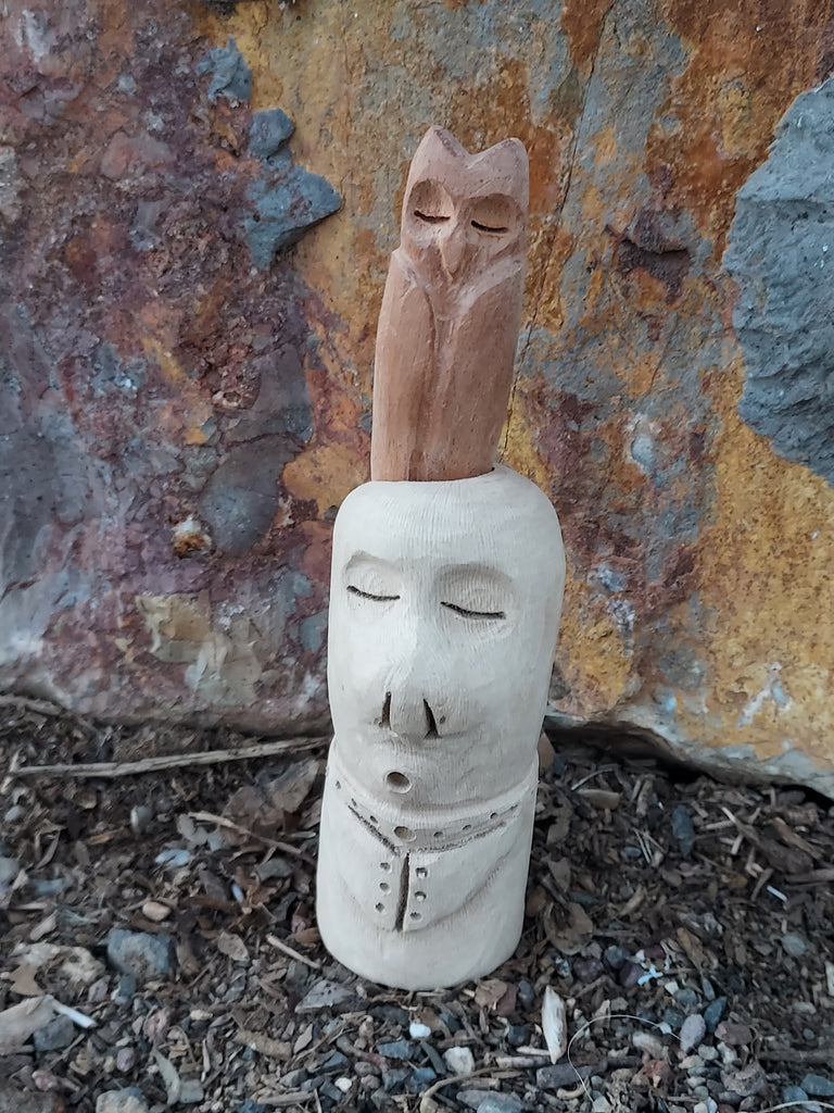 SINGING GOBLIN CHILD WITH OWL FAMILIAR by artist Mark Cantrell of Wood Creatures NM