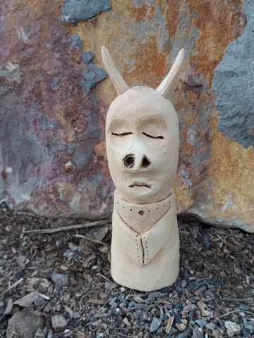 HORNED GOBLIN CHILD IN A PRETTY DRESS by artist Mark Cantrell of Wood Creatures NM