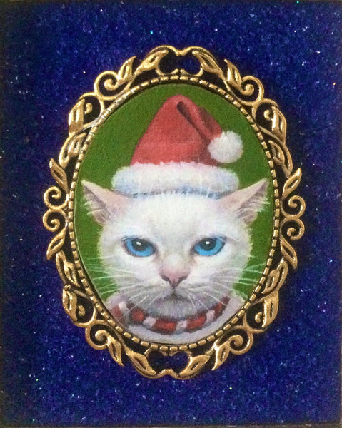 SANTA PUSS painting/brooch by artist Olga Ponomarenko