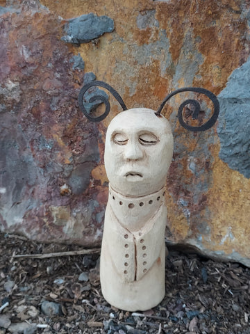 SOLEMN GOBLIN CHILD IN A PRETTY DRESS by artist Mark Cantrell of Wood Creatures NM