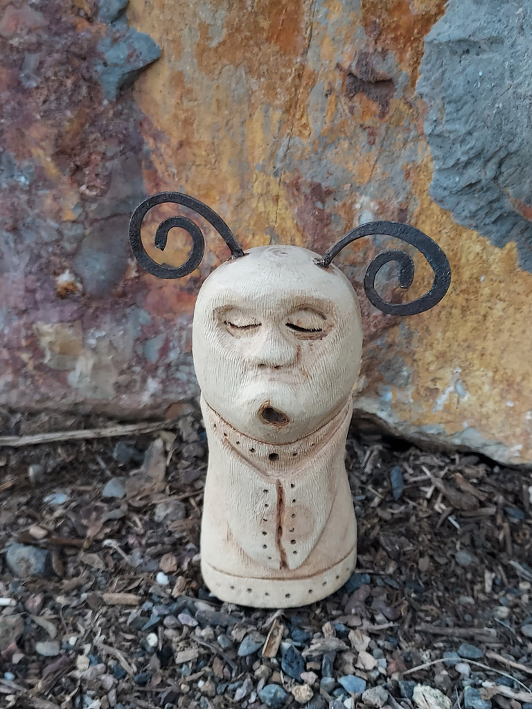 TINY SINGING GOBLIN CHILD IN A PRETTY DRESS by artist Mark Cantrell of Wood Creatures NM