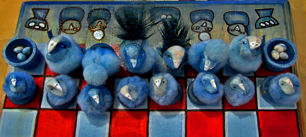 SEEDS VS. FEATHERS Chess Set by artist Patricia Krebs