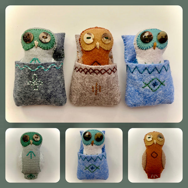 POCKET OWL 3 (with gray sleeping bag) by artist Ulla Anobile