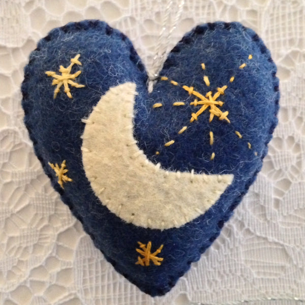 "Moon & Stars Dark Blue Heather Heart Ornament" by artist Ulla Anobile