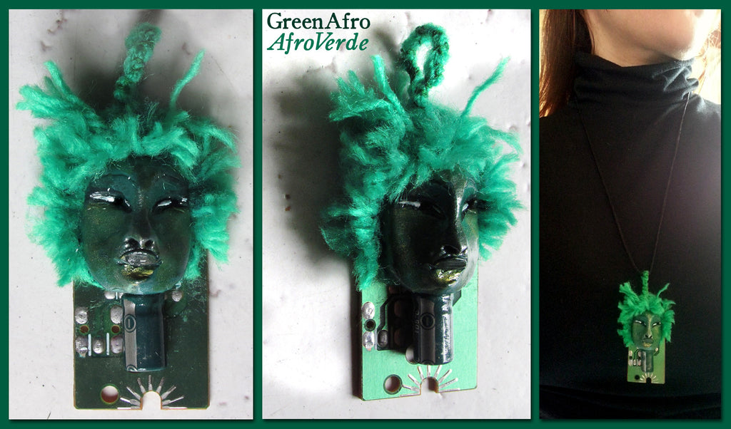 Green Afro Pendant by artist Patricia Krebs