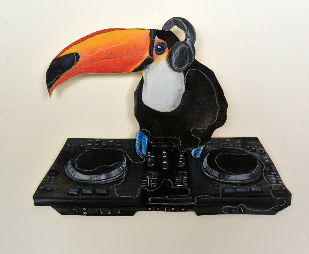 Toucan Turning Turntables by artist Sarah Polzin