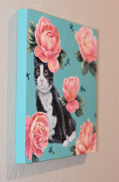 CAT CAMOUFLAGED BY FLORAL WALLPAPER by artist Lydia Moon Hee Kim