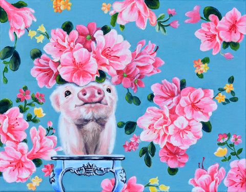 BABY PIG CAMOUFLAGED BY FLORAL WALLPAPER by artist Lydia Moon Hee Kim