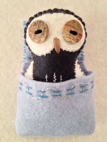 POCKET OWL with Ice Blue Sleeping Bag by artist Ulla Anobile
