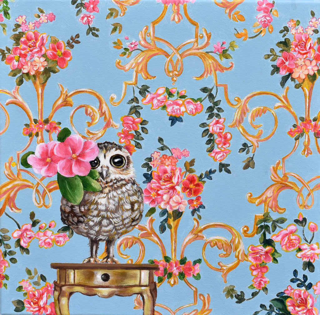BABY OWL CAMOUFLAGED BY WALLPAPER by artist Lydia Moon Hee Kim